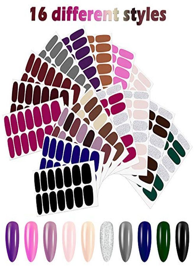224 Pieces 16 Sheets Nail Polish Stickers SelfAdhesive Polish Wraps Stickers Classic Solid Glitter Adhesive Full Wraps Strips Nail Art Polish Decals With Nail File For Women Girls (Multicoloured)