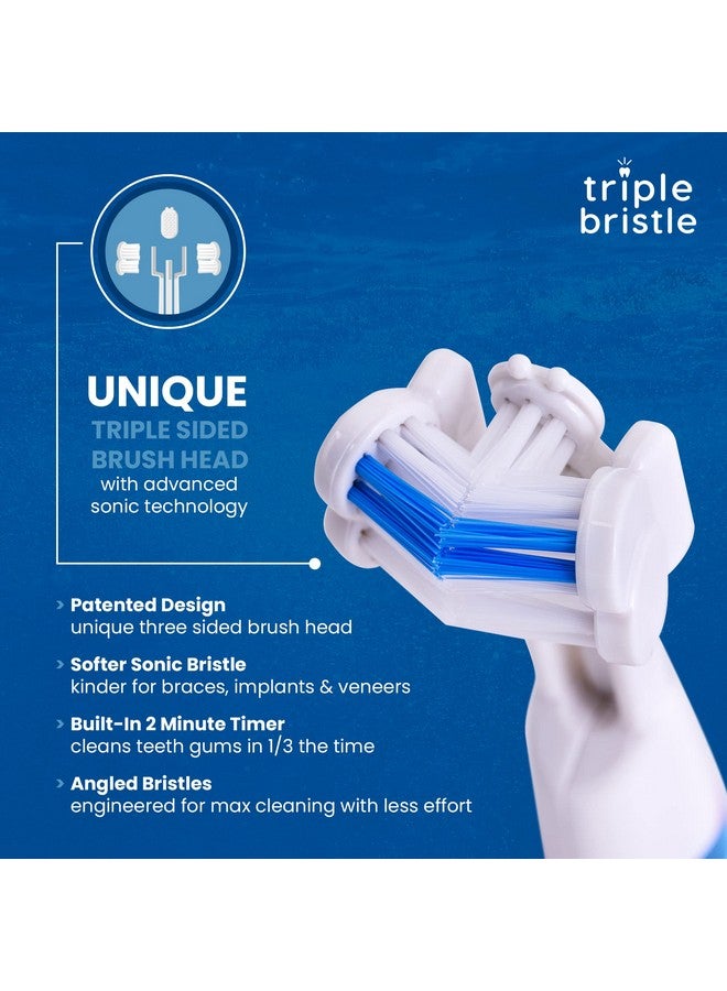 Riple Bristle Sonic Go Travel Toothbrush + Blue Brush Head Replacements 2Pk ; 3Sided Toothbrush