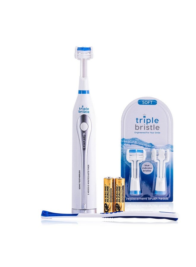 Riple Bristle Sonic Go Travel Toothbrush + Blue Brush Head Replacements 2Pk ; 3Sided Toothbrush