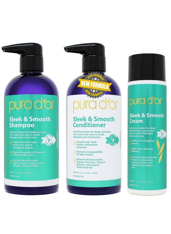 Ura D'Or Sleek & Smooth 3Piece Complete Set (Shampoo Conditioner Cream) For Frizzfree & Silky Smooth Hair Infused With Organic Aloe Vera Argan Oil Castor Oil Bergamot Oil & Geranium Oil