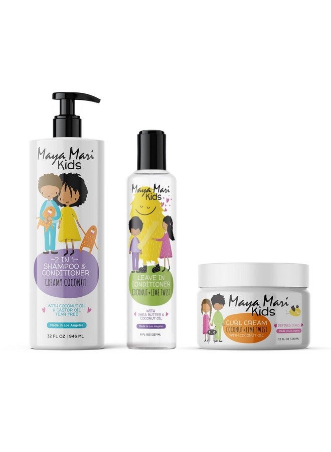 Aya Mari Gift Set With Musthave Curly Hair Products For Kids ; Includes 2 In 1 Kids Curly Hair Shampoo And Conditioner Curl Cream & Shea Butter Leave In Hair Detangler For Kids ; Coconut & Lime