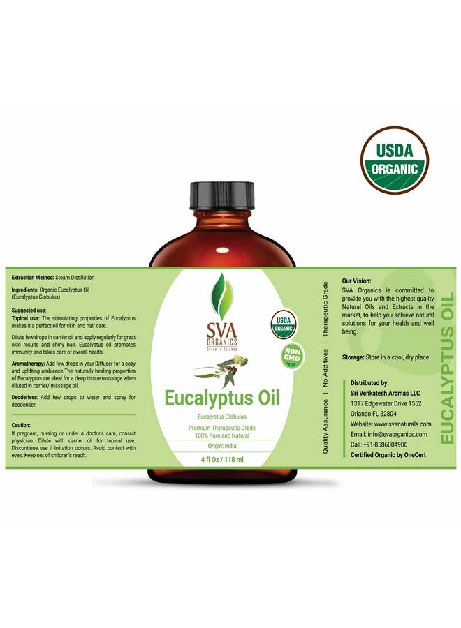 Va Organics Eucalyptus Essential Oil Organic 4 Oz Usda With Dropper 100% Pure Natural Undiluted Premium Therapeutic Grade Oil For Diffuser Aromatherapy Face Body & Hair Care