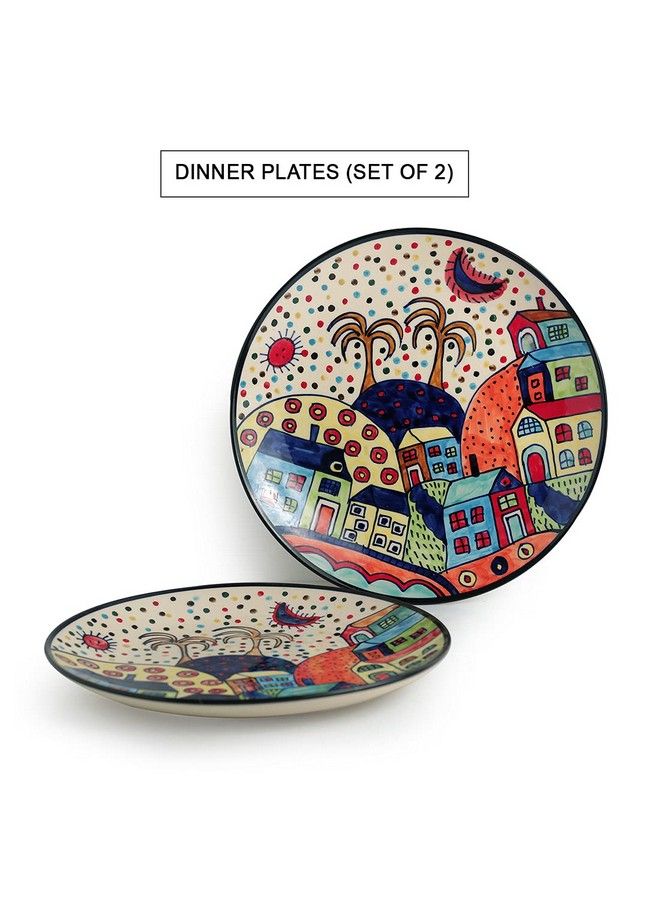 Hut Handpainted Ceramic Dinner Plates Dinnerware Serving Plate Thali Ceramic Plates For Dinner (2 Pieces Microwave & Dishwasher Safe) Multicolor Standard (El 005 466)
