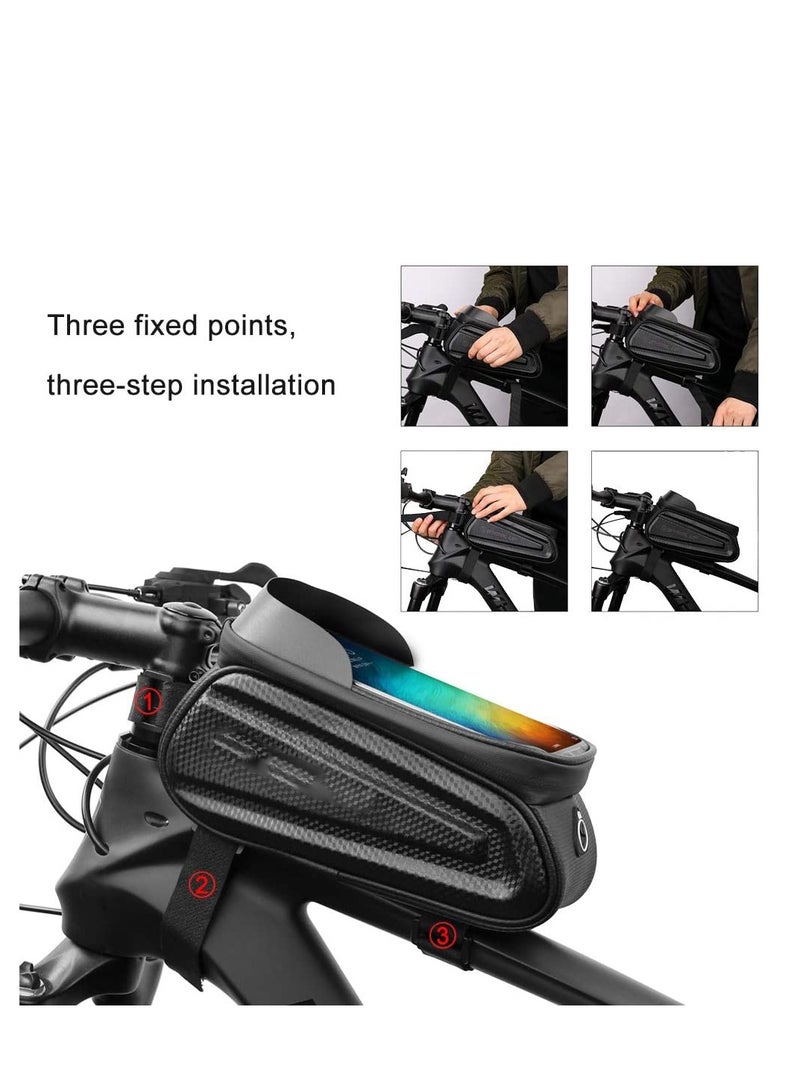 Bike Frame Bag, Waterproof Bicycle Phone Mount Bag, Touch Screen Bicycle Bag with Sun Visor & Headphone Jack, Large Capacity Bike Bag with Reflective Strip Design for Below 7” Phone