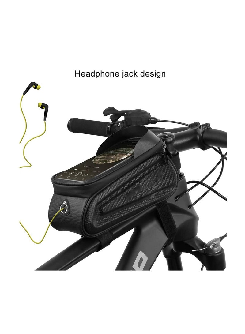 Bike Frame Bag, Waterproof Bicycle Phone Mount Bag, Touch Screen Bicycle Bag with Sun Visor & Headphone Jack, Large Capacity Bike Bag with Reflective Strip Design for Below 7” Phone