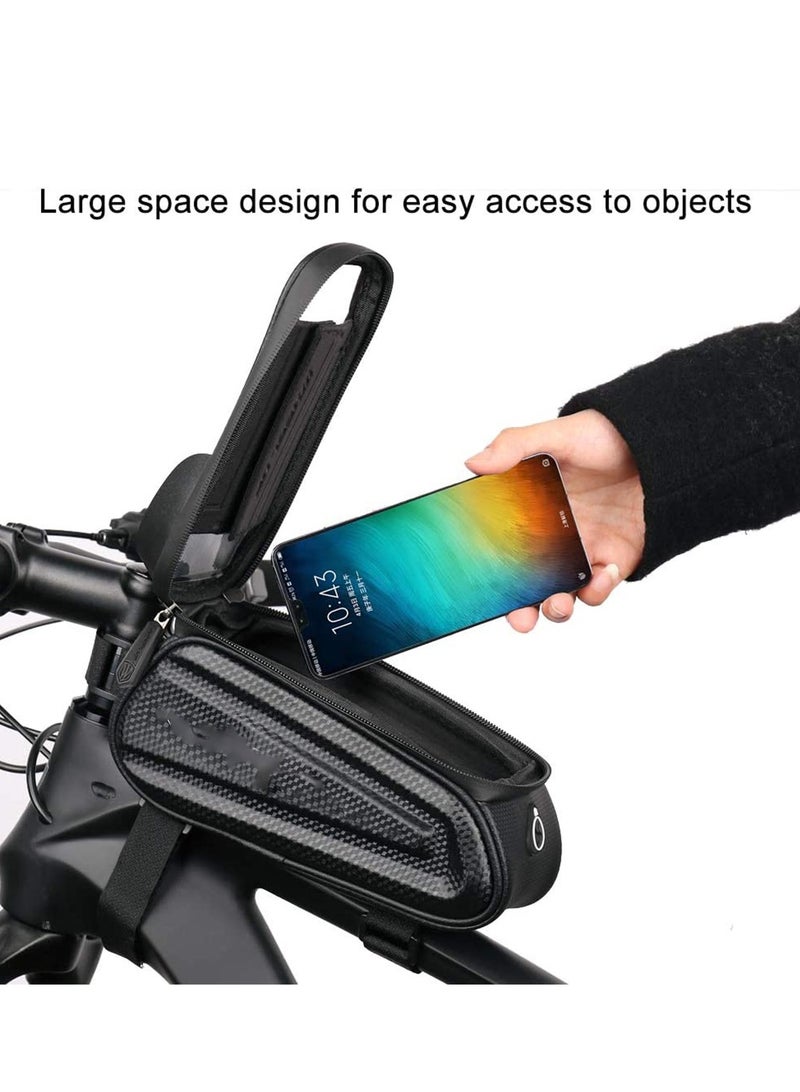 Bike Frame Bag, Waterproof Bicycle Phone Mount Bag, Touch Screen Bicycle Bag with Sun Visor & Headphone Jack, Large Capacity Bike Bag with Reflective Strip Design for Below 7” Phone