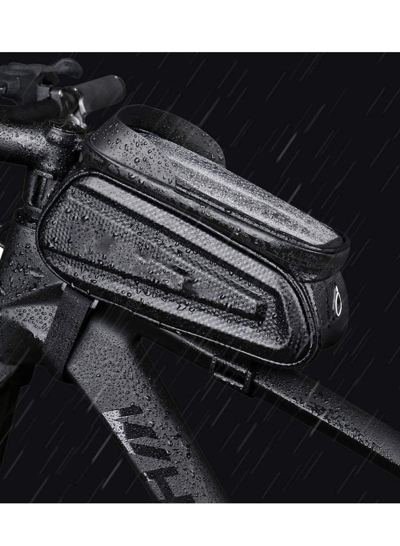 Bike Frame Bag, Waterproof Bicycle Phone Mount Bag, Touch Screen Bicycle Bag with Sun Visor & Headphone Jack, Large Capacity Bike Bag with Reflective Strip Design for Below 7” Phone