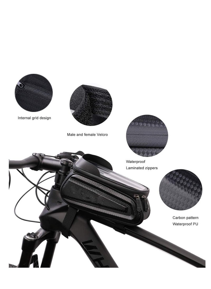 Bike Frame Bag, Waterproof Bicycle Phone Mount Bag, Touch Screen Bicycle Bag with Sun Visor & Headphone Jack, Large Capacity Bike Bag with Reflective Strip Design for Below 7” Phone