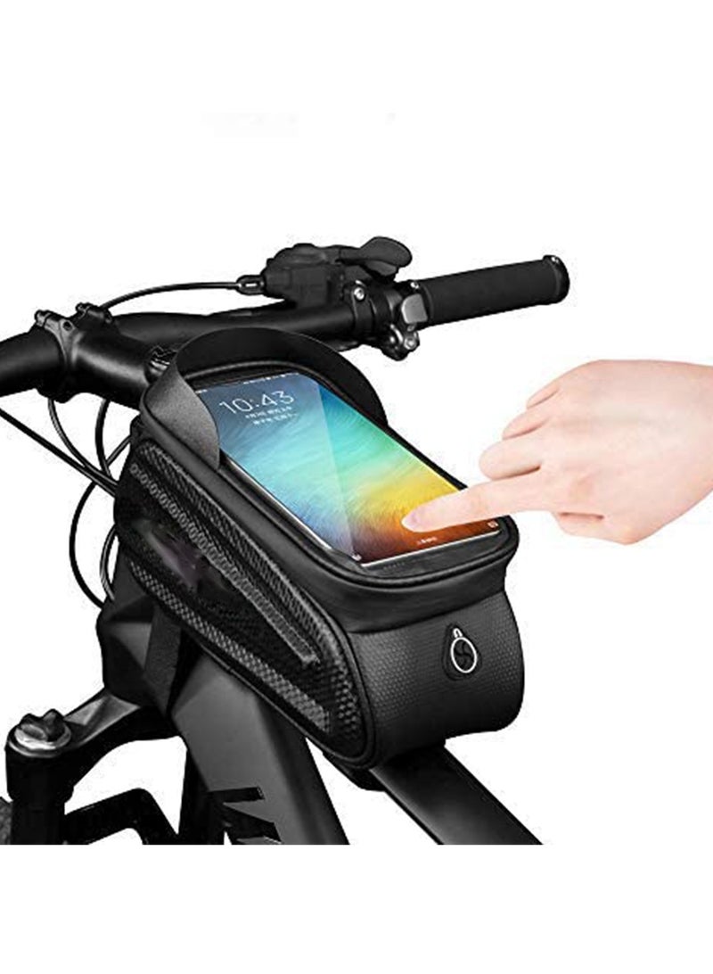 Bike Frame Bag, Waterproof Bicycle Phone Mount Bag, Touch Screen Bicycle Bag with Sun Visor & Headphone Jack, Large Capacity Bike Bag with Reflective Strip Design for Below 7” Phone