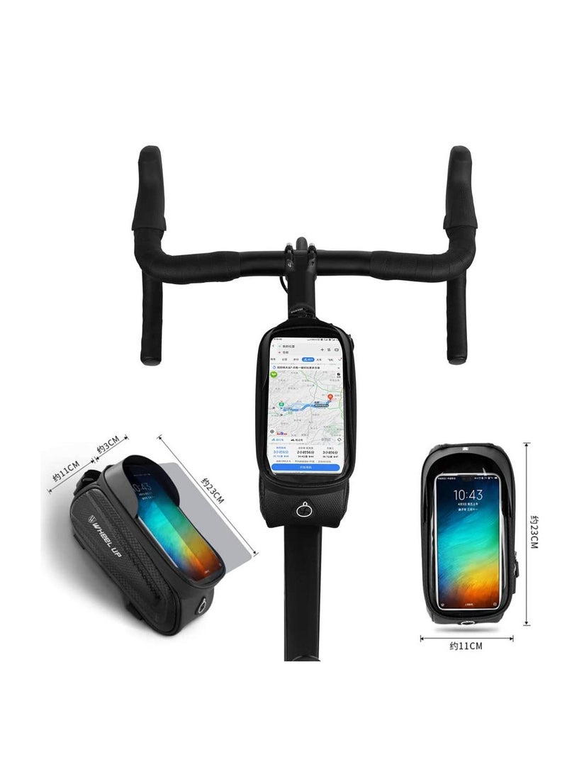 Bike Frame Bag, Waterproof Bicycle Phone Mount Bag, Touch Screen Bicycle Bag with Sun Visor & Headphone Jack, Large Capacity Bike Bag with Reflective Strip Design for Below 7” Phone