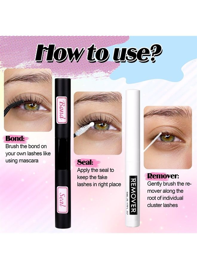 Lashes Glue Bond and Seal Cluster Lashes Glue Super Strong Hold Lashes Glue for Extension Lashes Waterproof Latex Free Eyelashes Glue for Sensitive Eyes 5ML Each