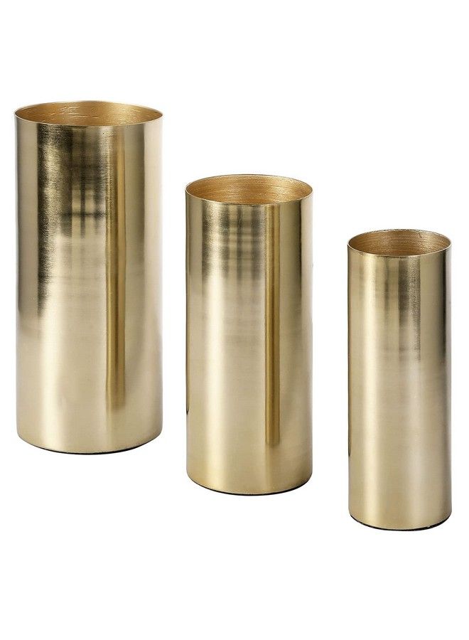 Tall Modern Brass Tone Metal Cylinder Centerpiece Flower Vases Set Of 3 Large Medium Small Sizes