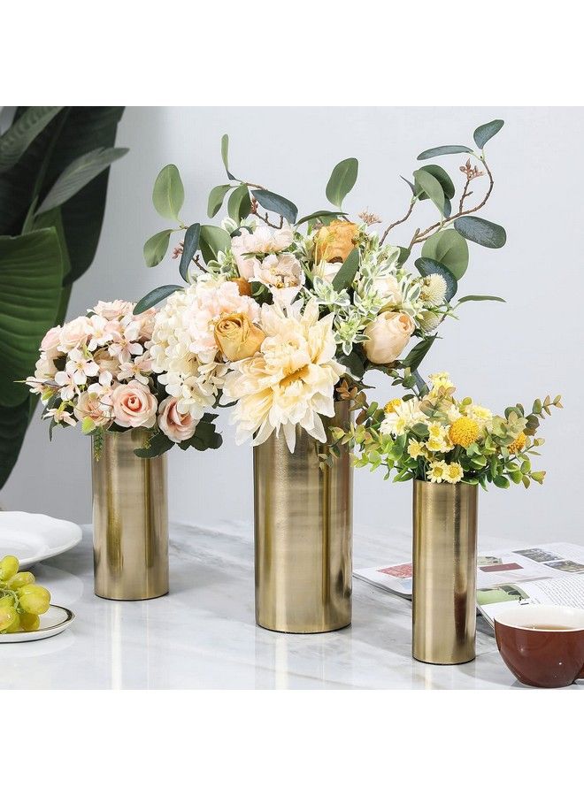 Tall Modern Brass Tone Metal Cylinder Centerpiece Flower Vases Set Of 3 Large Medium Small Sizes