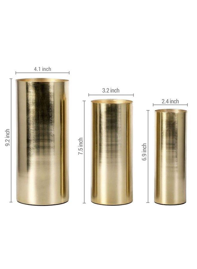 Tall Modern Brass Tone Metal Cylinder Centerpiece Flower Vases Set Of 3 Large Medium Small Sizes