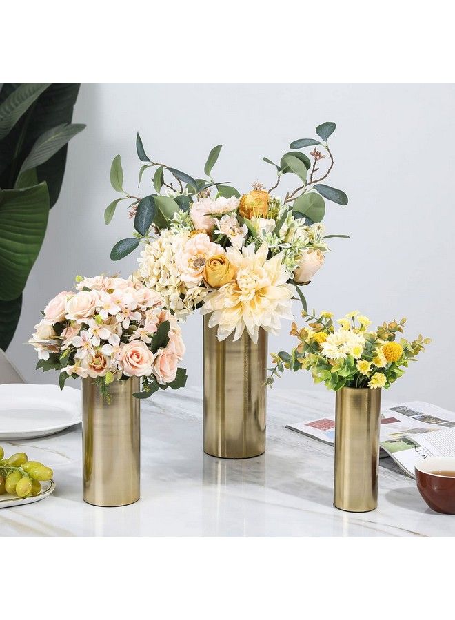 Tall Modern Brass Tone Metal Cylinder Centerpiece Flower Vases Set Of 3 Large Medium Small Sizes