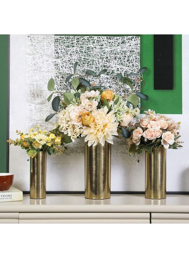 Tall Modern Brass Tone Metal Cylinder Centerpiece Flower Vases Set Of 3 Large Medium Small Sizes