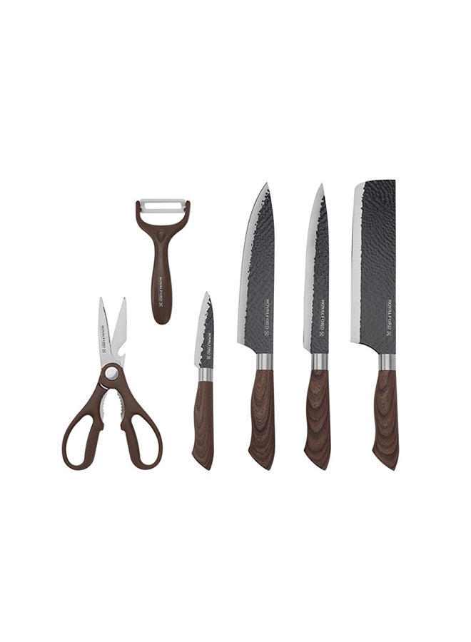 6-Piece Kitchen Knife Set With Non-Stick Coating Extra-Short Stainless-Steel Blades With Premium-Quality Pp Handle With Tpr Wood Finish Brown 1.02kg