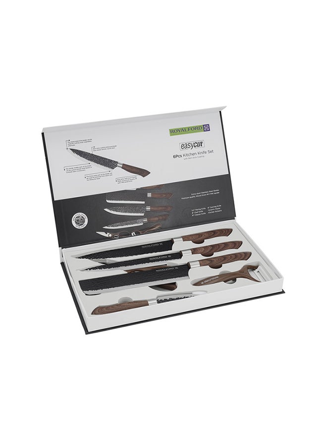 6-Piece Kitchen Knife Set With Non-Stick Coating Extra-Short Stainless-Steel Blades With Premium-Quality Pp Handle With Tpr Wood Finish Brown 1.02kg