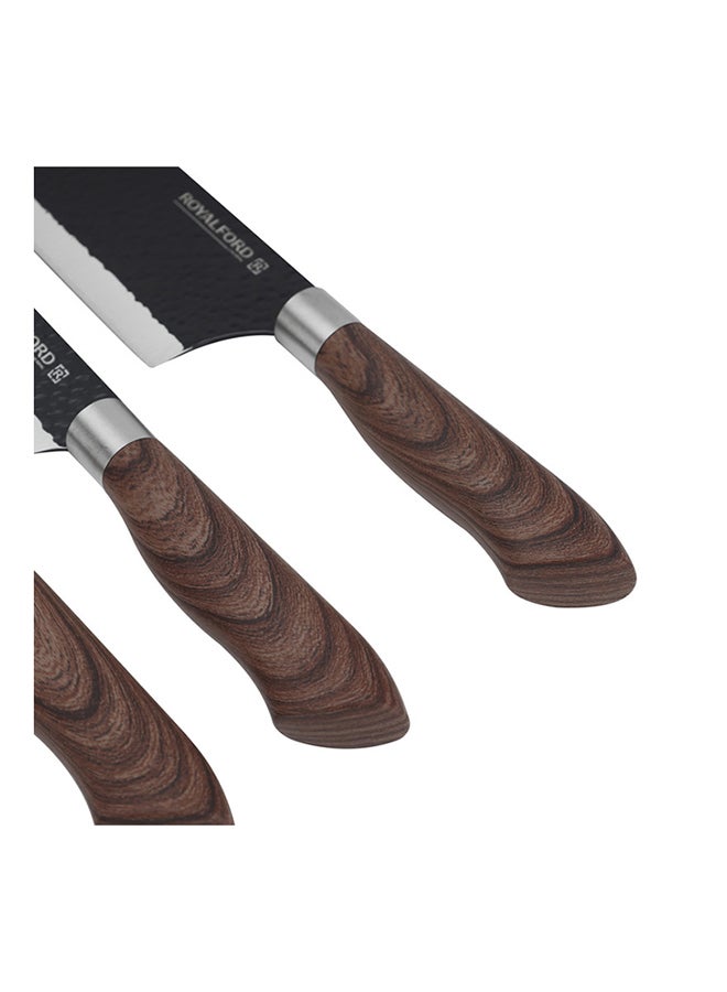 6-Piece Kitchen Knife Set With Non-Stick Coating Extra-Short Stainless-Steel Blades With Premium-Quality Pp Handle With Tpr Wood Finish Brown 1.02kg