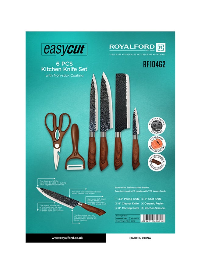 6-Piece Kitchen Knife Set With Non-Stick Coating Extra-Short Stainless-Steel Blades With Premium-Quality Pp Handle With Tpr Wood Finish Brown 1.02kg