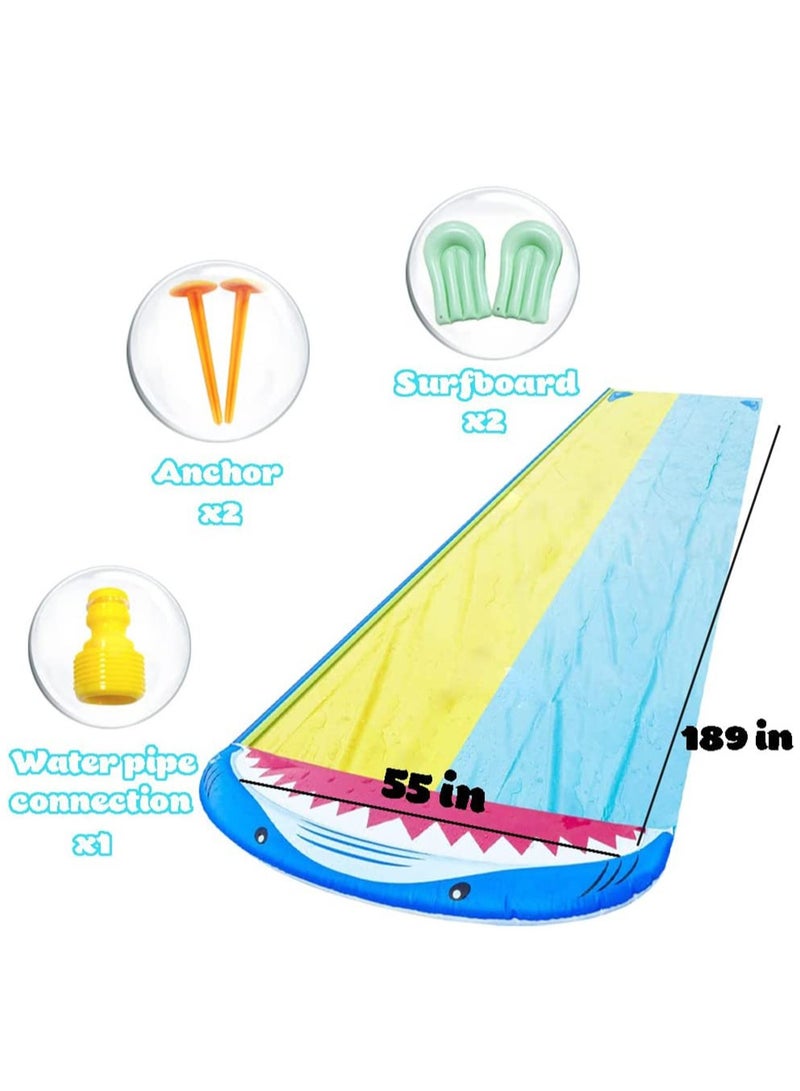 Double Lane Slip with 2 Bodyboards, Inflatable Lawn Water Slides Summer Toy with Build-in Sprinkler for Kids Adults Garden Backyard and Outdoor Waterslide Toy Play 15.7ft x 55in