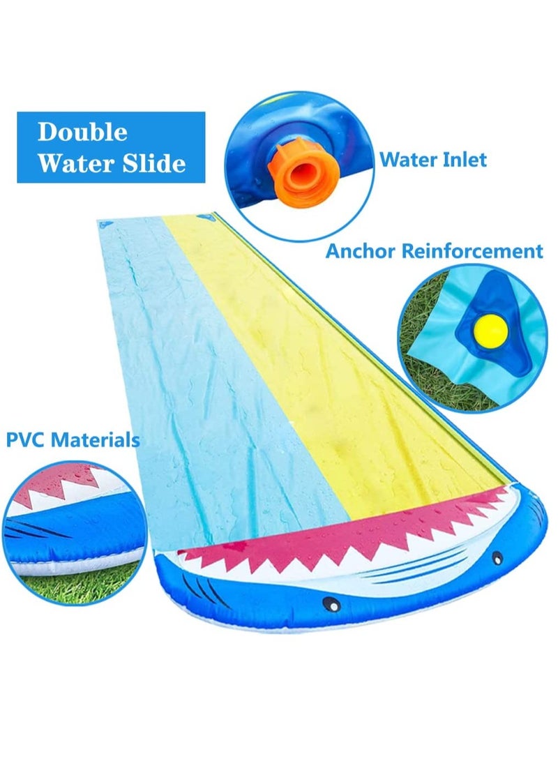 Double Lane Slip with 2 Bodyboards, Inflatable Lawn Water Slides Summer Toy with Build-in Sprinkler for Kids Adults Garden Backyard and Outdoor Waterslide Toy Play 15.7ft x 55in