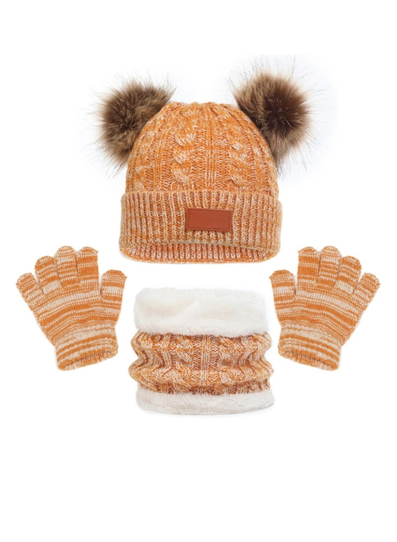 Kids Winter Hat Gloves Scarf Set for 2-6 Years Old Warm Knit Pompom Beanie Cap Neck Warmer Gloves Winter Warm Knitted Beanie Hat Scarf Gloves Set High Quality Pure Plush Yellow