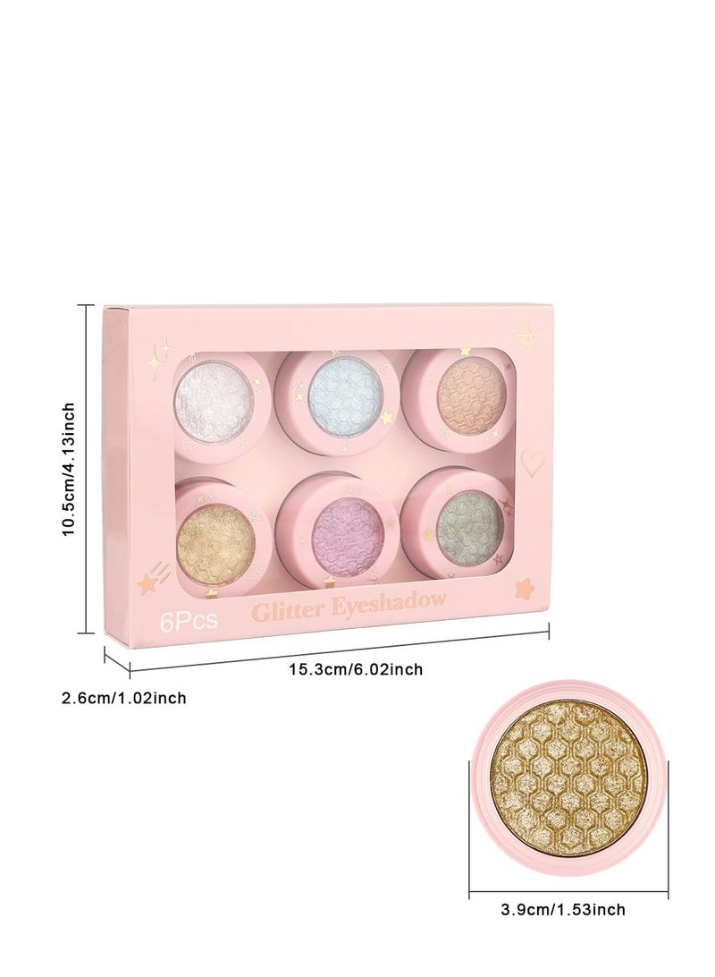 Sparkling Eyeshadow, 6 Color Glitter Shimmer Shiny Metallic Eye Shadow Makeup Palette, Highly Pigmented Waterproof Pearl white Light blue Brown Gold Green Purple Pink Glitter Shimmer
