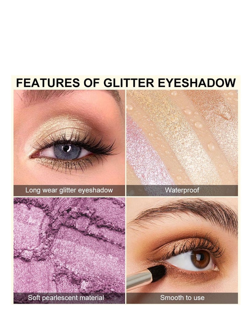 Sparkling Eyeshadow, 6 Color Glitter Shimmer Shiny Metallic Eye Shadow Makeup Palette, Highly Pigmented Waterproof Pearl white Light blue Brown Gold Green Purple Pink Glitter Shimmer
