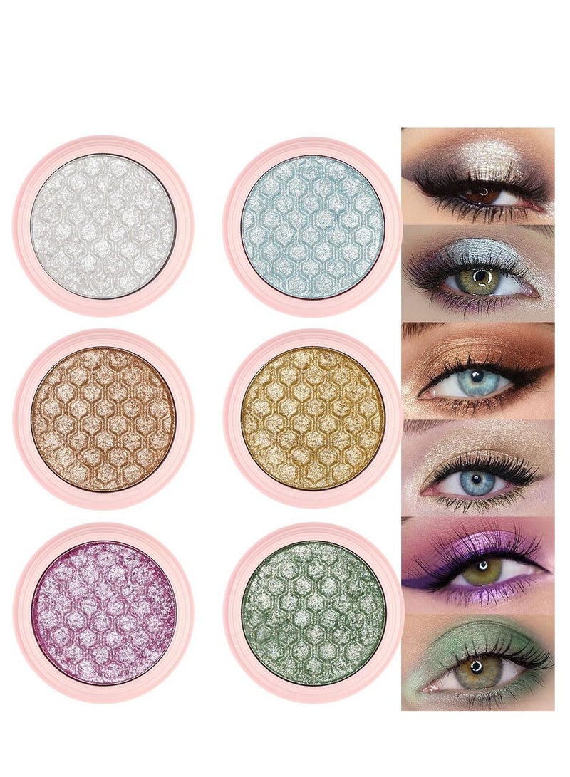 Sparkling Eyeshadow, 6 Color Glitter Shimmer Shiny Metallic Eye Shadow Makeup Palette, Highly Pigmented Waterproof Pearl white Light blue Brown Gold Green Purple Pink Glitter Shimmer