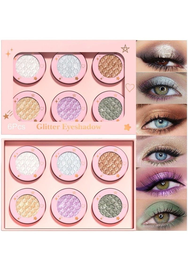 Sparkling Eyeshadow, 6 Color Glitter Shimmer Shiny Metallic Eye Shadow Makeup Palette, Highly Pigmented Waterproof Pearl white Light blue Brown Gold Green Purple Pink Glitter Shimmer