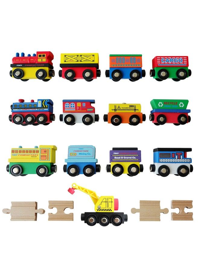 12 Wooden Train Cars 1 Bonus Crane 4 Connectors Locomotive Tank Engines And Wagons For Toy Train Tracks Compatible With Thomas Wood Toy Railroad Set