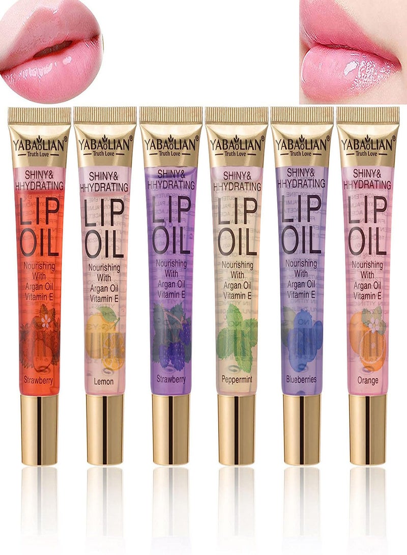 Plumping Lip Oil,  6Pcs Fruit Flavor Color Change Lip Oil, Moisturizing Lip Gloss Tinted Lip Balm Lip Care Transparent Toot Lip Oil, Non-Sticky Nourishing Repairing Lightening Lip Lines Dry Lips