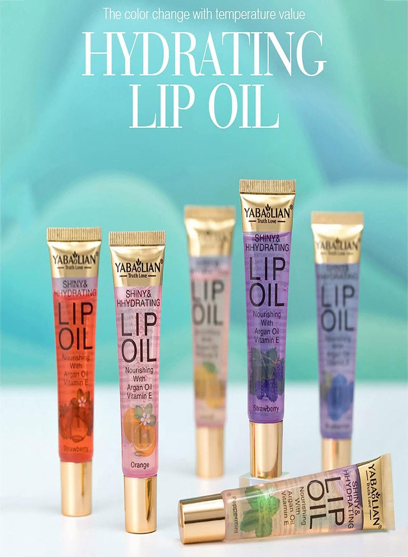Plumping Lip Oil,  6Pcs Fruit Flavor Color Change Lip Oil, Moisturizing Lip Gloss Tinted Lip Balm Lip Care Transparent Toot Lip Oil, Non-Sticky Nourishing Repairing Lightening Lip Lines Dry Lips