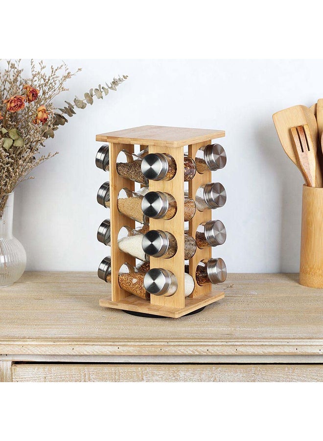Loretta 16-Piece Bamboo Spice Rack Set Natural Bamboo Stainless And Glass Tabletop Condiments Holder Spice Container Storage For Kitchen L15.5Xw15.5Xh29.2Hcm-16X90Ml - Natural