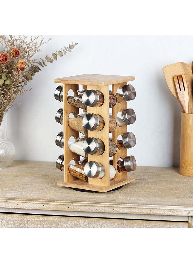 Loretta 16-Piece Bamboo Spice Rack Set Natural Bamboo Stainless And Glass Tabletop Condiments Holder Spice Container Storage For Kitchen L15.5Xw15.5Xh29.2Hcm-16X90Ml - Natural