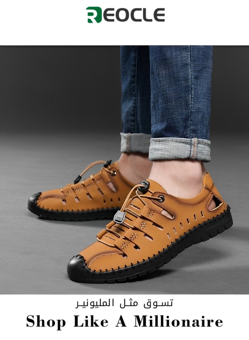 Men's Shoes Men's Vegan Leather Beach Sandal  Lace Up Style Close Toe Rope Shoes  Flat Slip Resistant Flexible Hiking Sandals