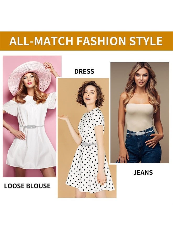Women Skinny Metal Waist Belt, Gold Thin Metal Chain Stretch Elastic Waistband with Rhinestone Fashion Dress Belts for Women's Bridal Dressy(Silver)