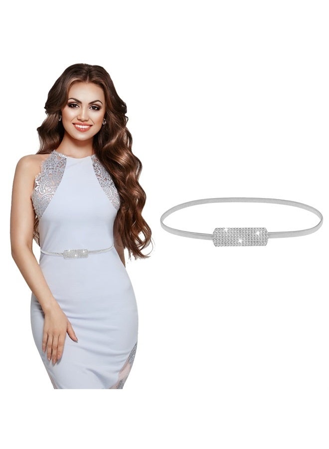 Women Skinny Metal Waist Belt, Gold Thin Metal Chain Stretch Elastic Waistband with Rhinestone Fashion Dress Belts for Women's Bridal Dressy(Silver)