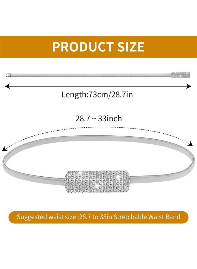 Women Skinny Metal Waist Belt, Gold Thin Metal Chain Stretch Elastic Waistband with Rhinestone Fashion Dress Belts for Women's Bridal Dressy(Silver)