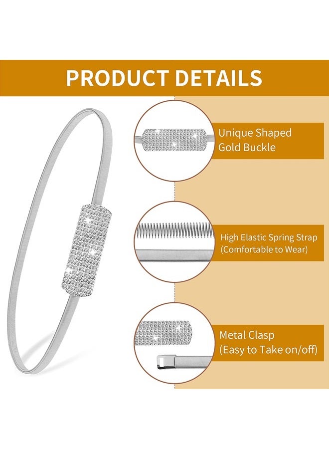 Women Skinny Metal Waist Belt, Gold Thin Metal Chain Stretch Elastic Waistband with Rhinestone Fashion Dress Belts for Women's Bridal Dressy(Silver)