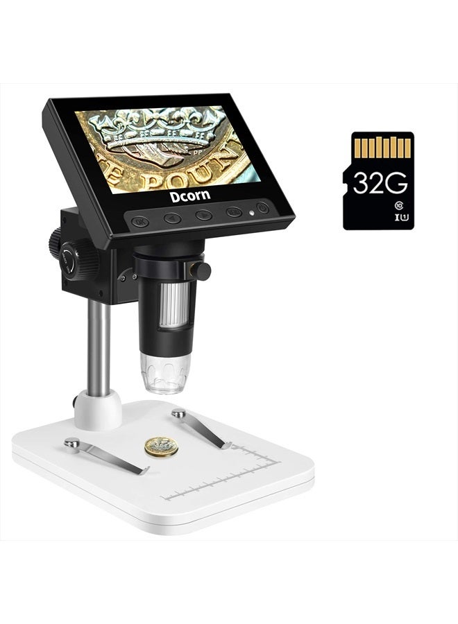 Coin Microscope, Dcorn 4.3 Inch LCD Digital Microscope with 32GB TF Card 10X-1000X Magnification Video Camera Handheld Microscope for Coin Observation/PCB Soldering, Windows Compatible