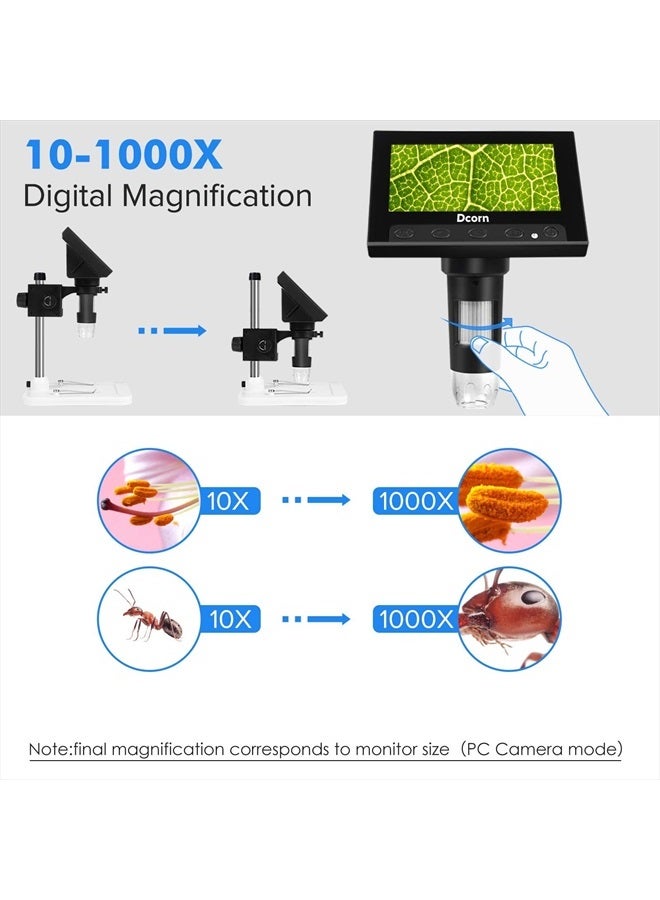 Coin Microscope, Dcorn 4.3 Inch LCD Digital Microscope with 32GB TF Card 10X-1000X Magnification Video Camera Handheld Microscope for Coin Observation/PCB Soldering, Windows Compatible