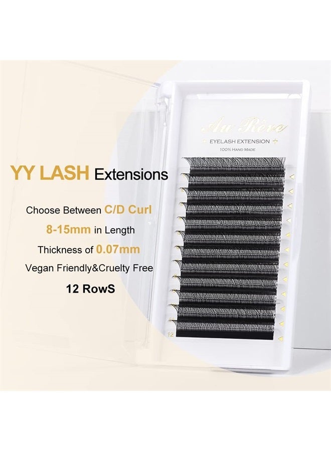 Y Lashes Extensions YY Lash Extensions D Curl 0.07mm 14mm Mix Tray Y Shape 4D Volume Premade Fan Lashes Matte Black Easy Fans Lashes Professional Use YY Lash (YY-0.07-D, 14mm)