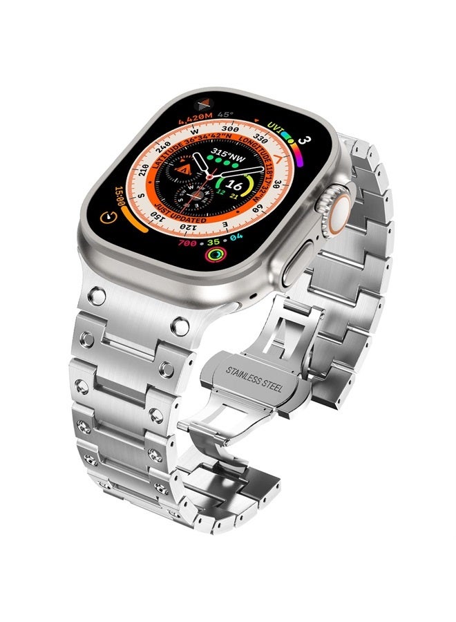 Compatible with Apple Watch Ultra Band 49mm 45mm 44mm 42mm Series 8 7 SE Men, Stainless Steel Metal Watch Bands Wristband for iWatch Strap Series 8 7 SE 6 5 4 3 2 1 Bracelet Women, Silver