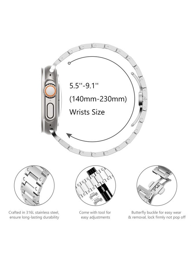 Compatible with Apple Watch Ultra Band 49mm 45mm 44mm 42mm Series 8 7 SE Men, Stainless Steel Metal Watch Bands Wristband for iWatch Strap Series 8 7 SE 6 5 4 3 2 1 Bracelet Women, Silver