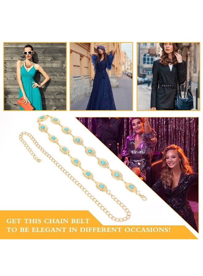 Concho Chain Waist Belts for Women, Turquoise Western Metal Belt Adjustable Cowgirl Belt with Buckle for Jeans Dresses (Gold)