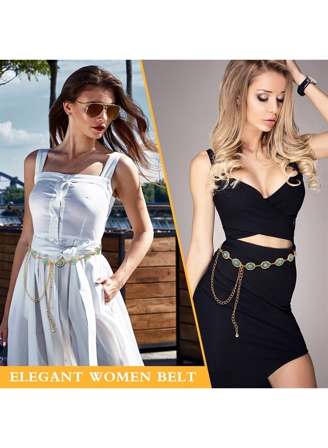 Concho Chain Waist Belts for Women, Turquoise Western Metal Belt Adjustable Cowgirl Belt with Buckle for Jeans Dresses (Gold)