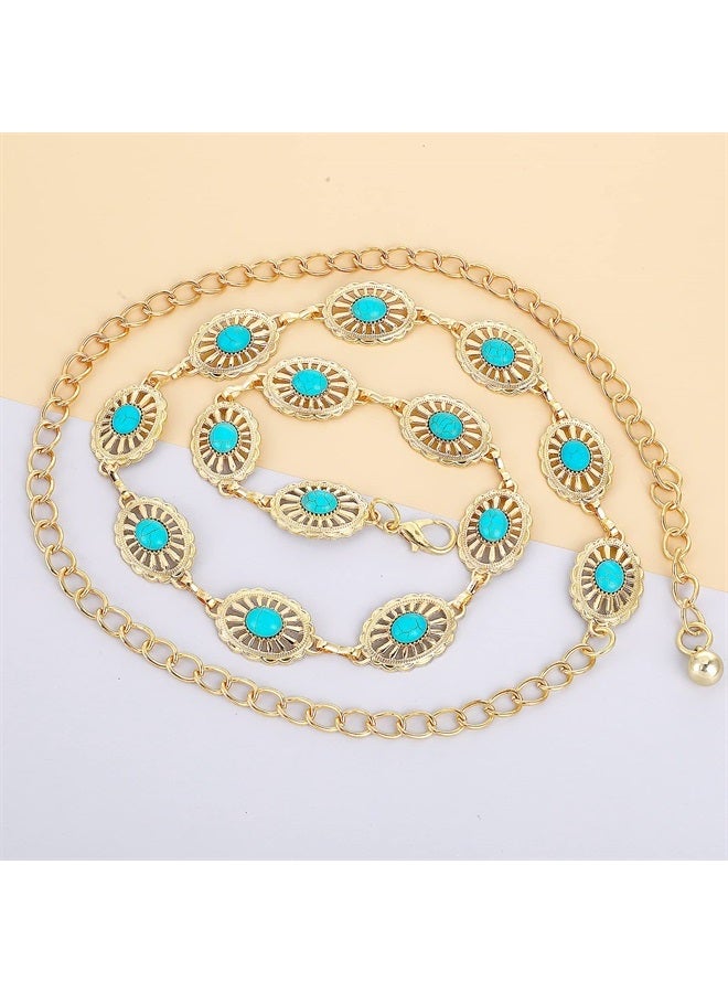 Concho Chain Waist Belts for Women, Turquoise Western Metal Belt Adjustable Cowgirl Belt with Buckle for Jeans Dresses (Gold)