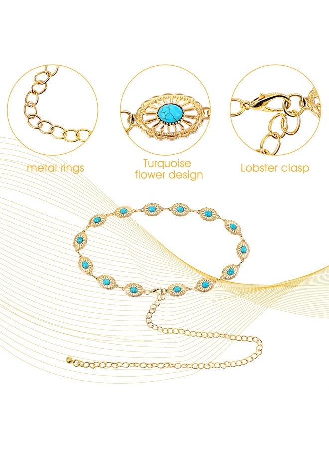 Concho Chain Waist Belts for Women, Turquoise Western Metal Belt Adjustable Cowgirl Belt with Buckle for Jeans Dresses (Gold)